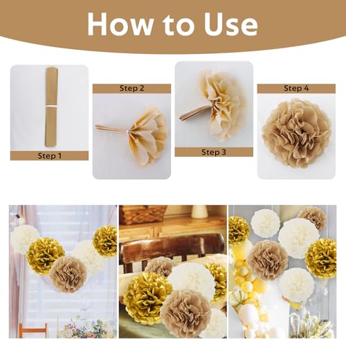 White Gold Tissue Hanging Paper Flower Ball Decorations Set - 13 Packs for Party & Events