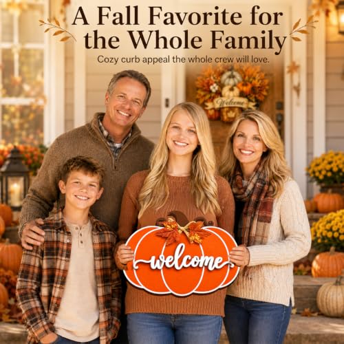 Orange Fall Pumpkin Door Hanger Wooden Welcome Sign for Home & Porch