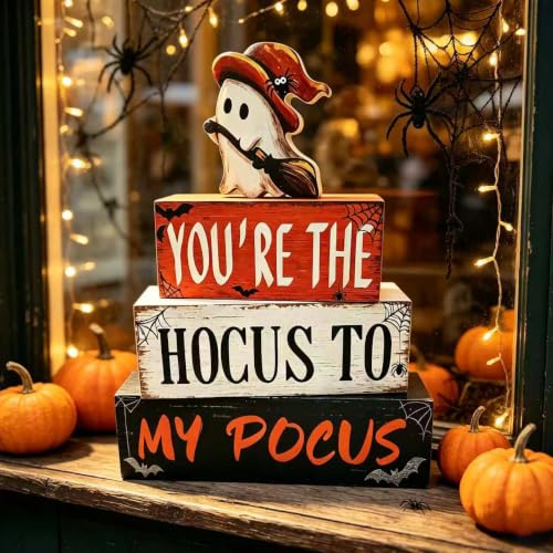 Halloween Wooden Tiered Block Decor Set - Spooky Ghost Witch & Puns for Indoor Party