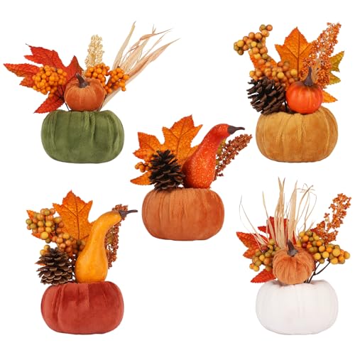 Autumn Pumpkin Decor Set - 5PCS Fall Thanksgiving Home Indoor Decorations - Green, Coffee, White, Camel