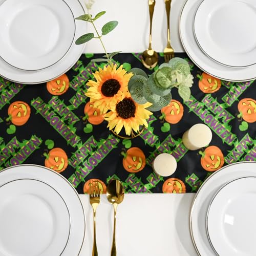 Ghost Face Pumpkin Black Halloween Table Runner - 13x60 Inch Spooky Kitchen Decor, Green & Black Variation