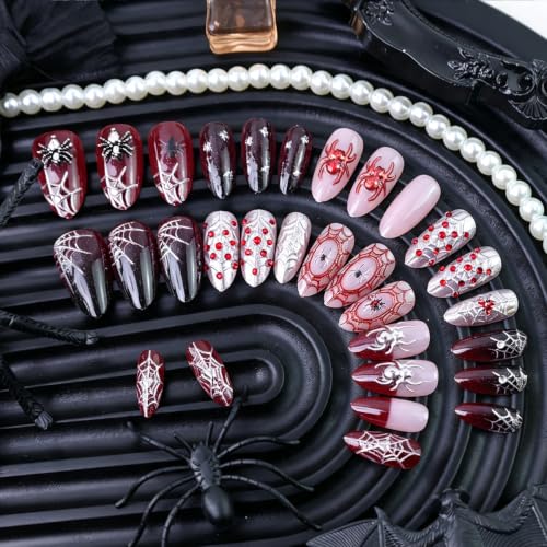 Halloween Press On Fake Nails Almond 3D Spider Web Red Black - Variation of THIS listing