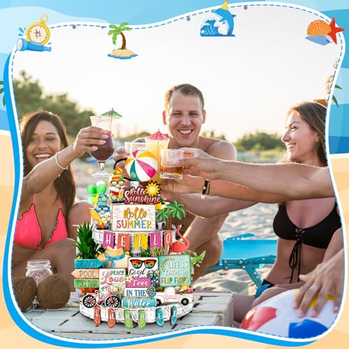 Summer Tiered Tray Decor Set with Flamingo Gnome - 26 Pieces