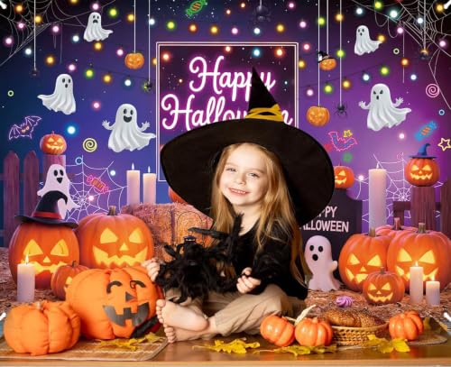 Halloween Neon Backdrop 7x5FT Pumpkin Ghost Banner Photo Booth Decor Kids Party