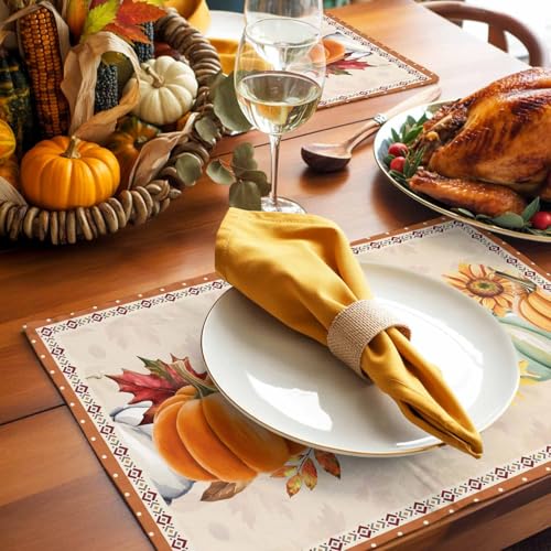 Fall Placemats Set of 4 - Pumpkin Sunflower Autumn Table Decor, Washable Cotton Linen