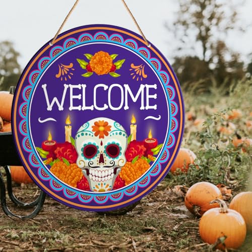 Day of The Dead Welcome Sign Decor - Mexican Sugar Skull Hanging Sign for Home & Front Door