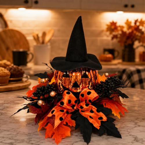 Lighted Halloween Pumpkin Decor with Witch Hat and Bow - 15 Inch Tabletop Fall Decor