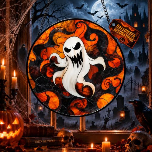 Halloween Pumpkin Vine Ghost Stained Glass Window Hanging - Small 6.3x6.3in