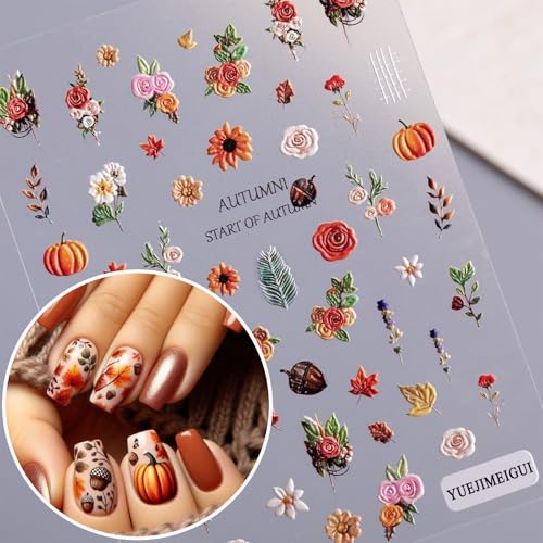 Pumpkin Maple Leaf Nail Art Stickers - Autumn 3D Embossed Decals for Manicure
