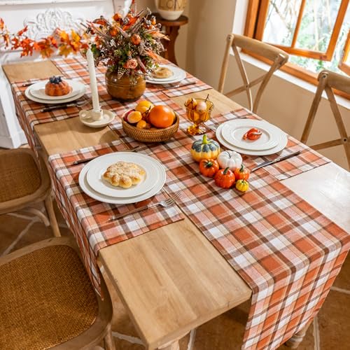 Joyfol Day Rust Tartan Table Runner 13x108 Inch Fall & Halloween Decor - Washable & Scratch-Proof