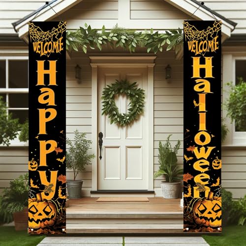 Halloween Porch Banner Set - Pumpkins and Bats Welcome Yard Decor, 2 Pack