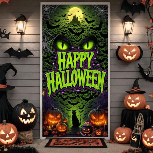 Halloween Door Cover Banner Black Cat Bat Pumpkin with Variation - Green