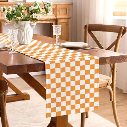 Orange White Checkered Table Runner - Fall Thanksgiving Wedding Decor 13 x 72