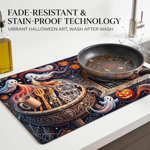 Halloween Ghost Pumpkin Dish Drying Mat - 12x20 Spooky Kitchen Decor