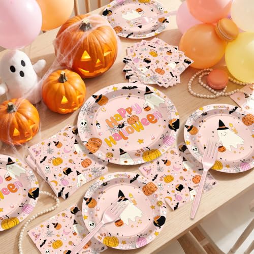 Pink Halloween Party Plates and Napkins Set - Boo Theme, 96 pcs