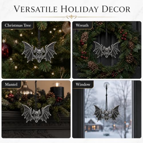 Gothic Halloween Bat Ornaments Set - 6 Antique Alloy Holiday Tree Decorations