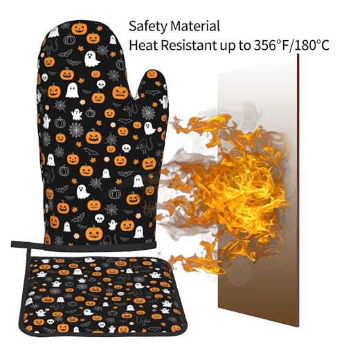 Halloween Oven Mitts & Pot Holders Set - Black Ghost Pumpkin Variation