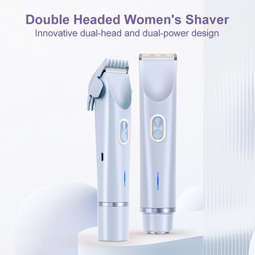 ANFOOS Women's Electric Shaver Bikini Trimmer for Women Razors 2-in-1 Dual Head Design IPX7 Waterproof Wet & Dry Use Body Groomer Hair Trimmer Remover for Facial Underarm Arm Face Leg Bikini (Blue)