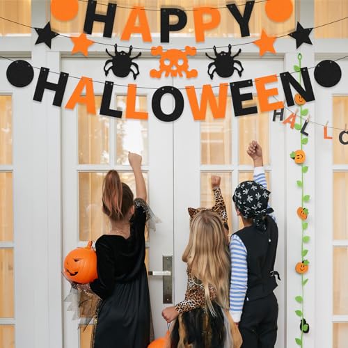 Halloween Felt Banner Garland - Happy Halloween Indoor Decor with Skull & Spider Pattern - Black & Orange