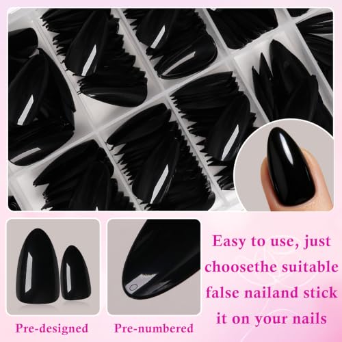 LuckForever Black Short Almond Press On Nails with Glue Tabs - 240 Pieces