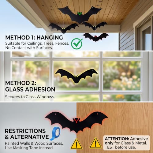 Halloween Hanging Bat Decorations 12-Pack - 3D Flying Plastic Bats for Indoor & Outdoor Yard Lawn Decor