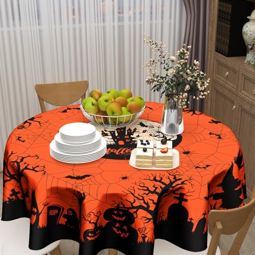 Happy Halloween 60-Inch Round Tablecloth - Pumpkin Spiders Ghosts Washable Polyester