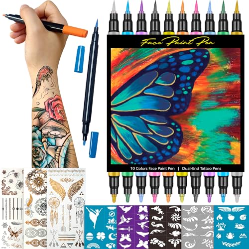 10Pcs Dual Tip Metallic Temporary Tattoo Markers for Skin - Safe Face & Body Paint Kit