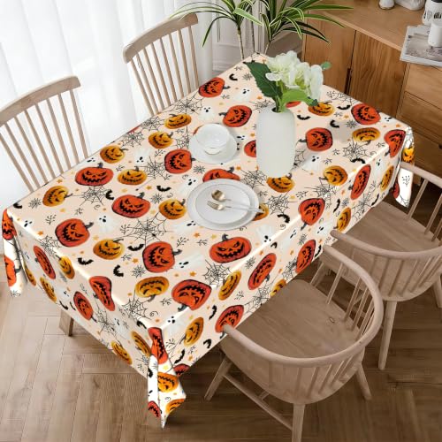 Halloween Tablecloth 60x84 Inch Rectangular Jack-O-Lantern Spider Web Bat Ghost Reusable Washable