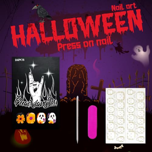 Vopintpy Halloween Ghost Spider Press On Nails Medium - Fake Nails Set with Adhesive Tabs - Variation Halloween Nails 2302