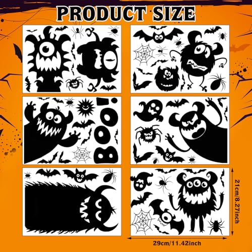 Halloween Wall Sticker Decorations - Monster Design, 6 Sheets, Peel & Stick, Waterproof, Spooky Window Clings