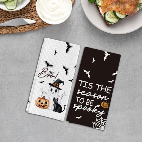 Ghost Pumpkins Bats Cat Hey Boo Halloween Waffle Weave Kitchen Towels - Apricot Variation