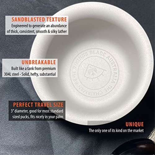 Vikings Blade Luxury Shaving Soap Bowl, Sandblasted Steel for Fast, Thick Lather, Unbreakable, Tactile Texture, Great for Standard Sized Pucks & Soaps (The Chairman, 3” Diameter)