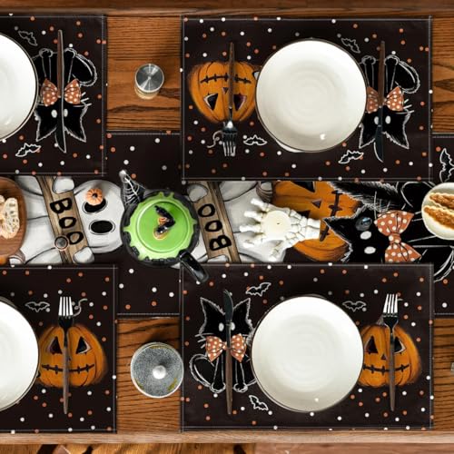 Black Cat Ghost Halloween Placemats Set of 4 - 12x18 Inch Rectangular