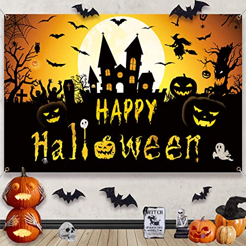 Halloween Banner with Witch, Pumpkin & Bat Decorations for Indoor Parties