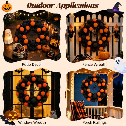 18-Inch Halloween Wreath for Front Door - Black & Orange, Foldable Halloween Decor