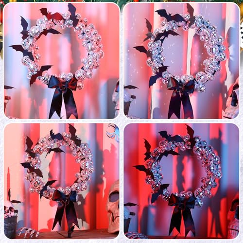 12-Inch Halloween DIY Disco Ball Wreath with Bats & Ribbons for Front Door