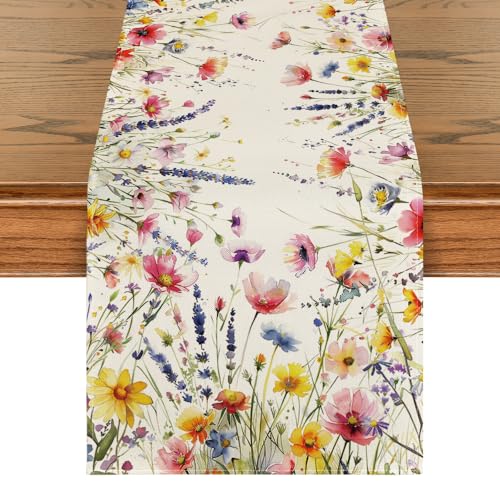 13x120 Inch Lavender Daisy Floral Table Runner for Dining & Party Decor - Off-White