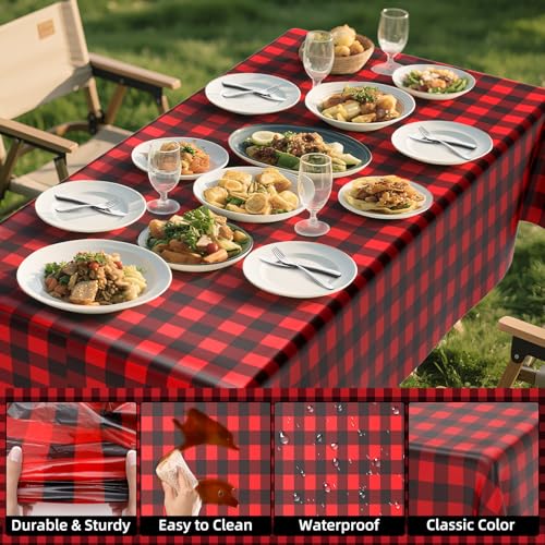 Red Black Checkered Disposable Plastic Tablecloth 2 Pack - 54 x 108 Inches, Buffalo Plaid Rectangular Cover for Party & Picnic - Variation: Red Black Plaid