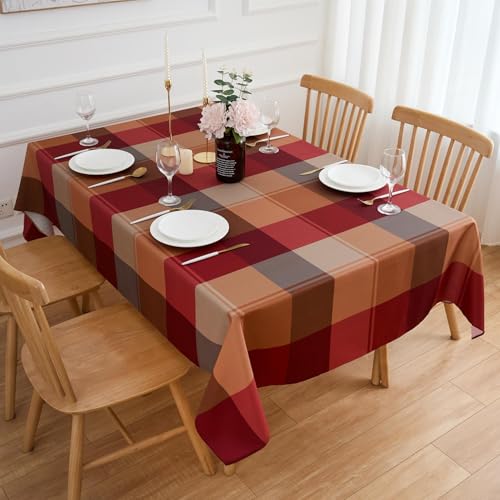 Red Brown Harvest Plaid Rectangular Table Cloth 60 x 102 Inch Waterproof Polyester