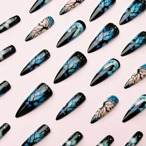 Halloween Press On Nails Black Fake Nails Long Stiletto with Forest & Crow Design - Variation 2390