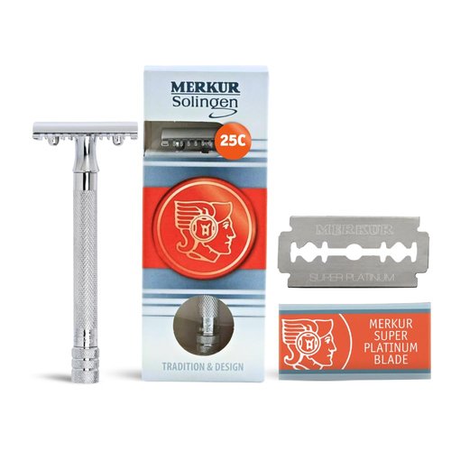 MERKUR 25C Double Edge Safety Razor - Bright Chrome Open Comb Design, Long Handle, Plastic-Free
