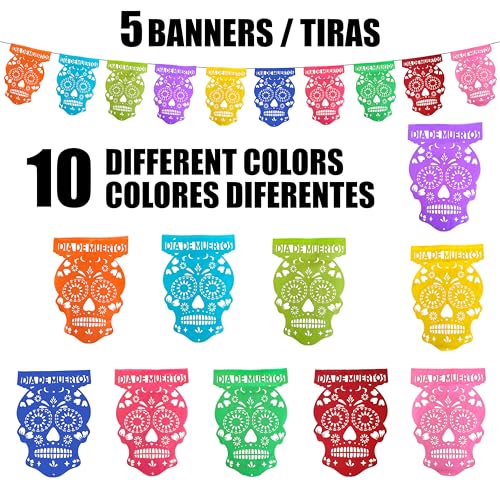 Mexican Multicolor Paper Skull Banners Set of 5 - Day of the Dead Decorations
