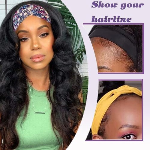 Prisyfab Body Wave Headband Wig Headband Wigs for Black Women Human Hair Glueless Wear and Go Glueless 100% Brazilian Virgin Human Hair Headband Wig 150% Density (16inch)