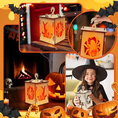 Halloween Wooden Lantern Box with Spooky Cat & Spider Cutouts - Rustic Candleholder Decor