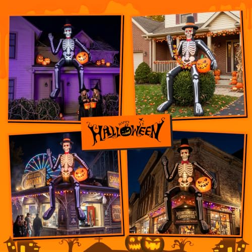 14FT Halloween Inflatable Sitting Skeleton with Pumpkin - Outdoor Yard Decor