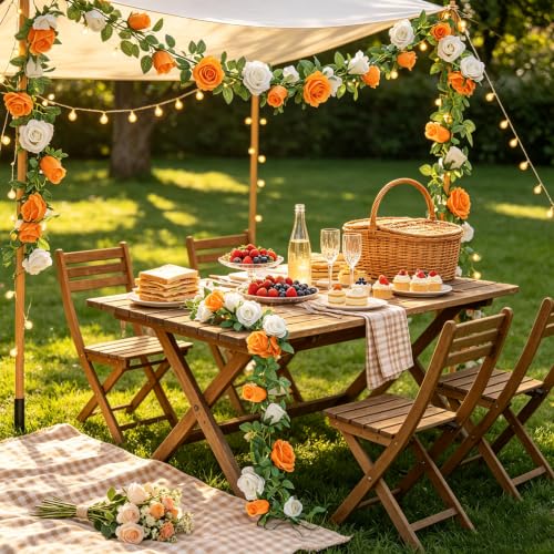 GREENTIME 2-Pack Orange White Flower Garland - 6.5Ft Rose Vine Decor