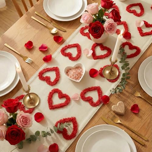 Red Plush Heart Valentines Table Runner 13x36 Inch - Home Decor