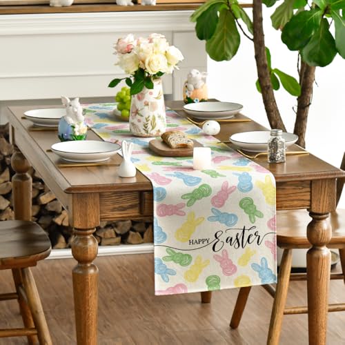 Colorful Bunny Easter Table Runner 13x90 Inch Seasonal Spring Kitchen Decor