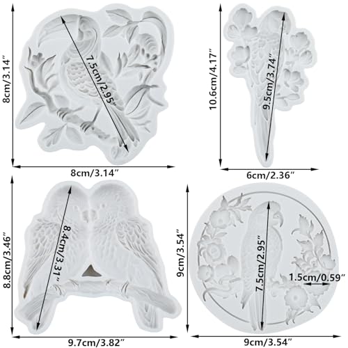 Bird Flower Silicone Mold Set - Parrot, Flower, Tree Branch Fondant Molds - Style B