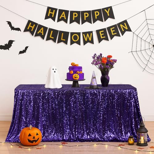 Eternal Beauty Purple Mardi Gras Sequin Tablecloth 90x132 Inch Rectangular